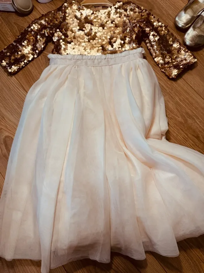 Taille 3-4 ans robe longue créateur fille TAO crème bronze * sequins tulle * 🌸 - photo numéro 4