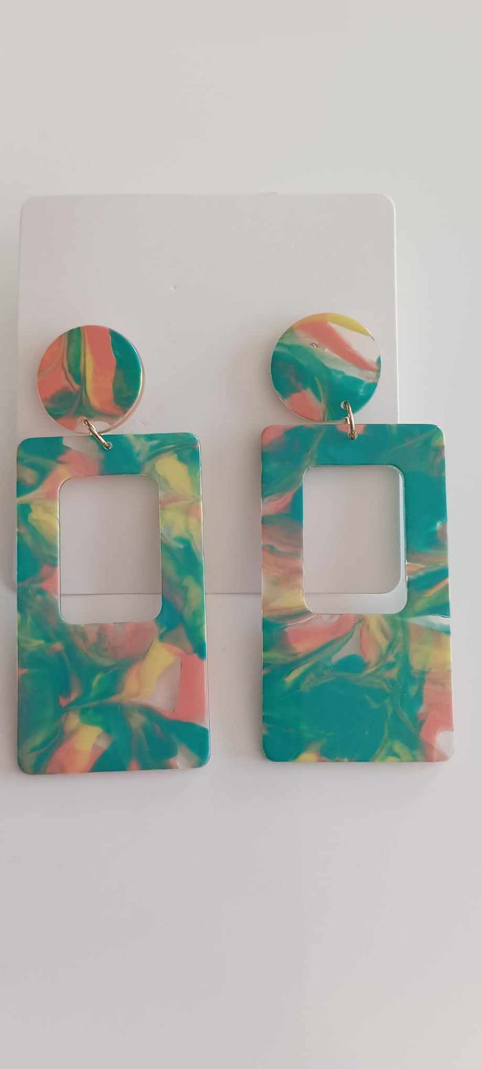 Boucles d'oreilles fantaisies pendantes rectangles creux colorés graffitis
