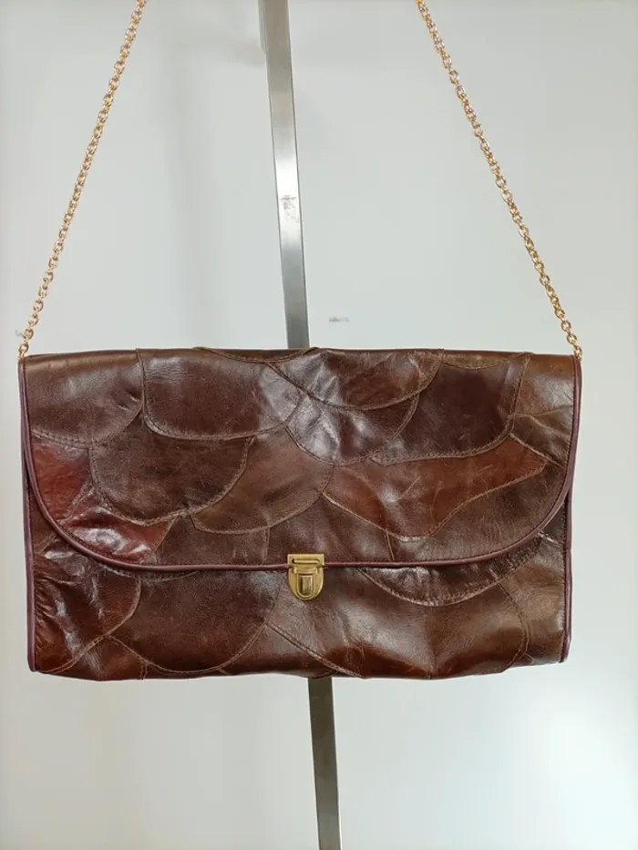sac à main Vintage - Léger en cuir avec chainette dorée patchwork cuir