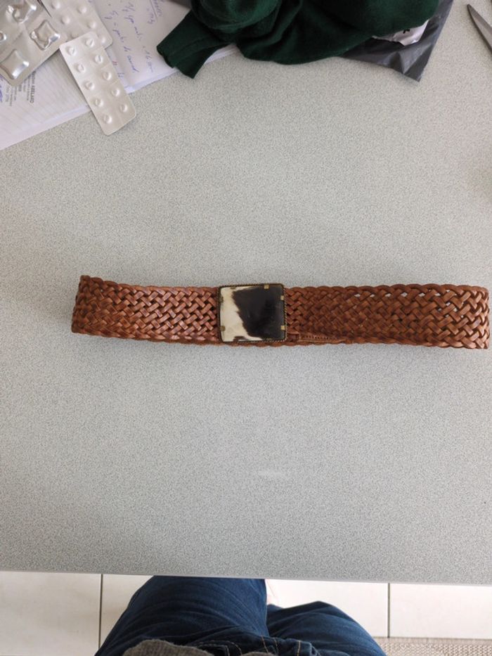 Ceinture en cuir tressée boucle céramique 88cm - photo numéro 2