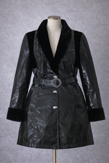 Manteau en vinyle et velours noir avec ceinture Taille unique