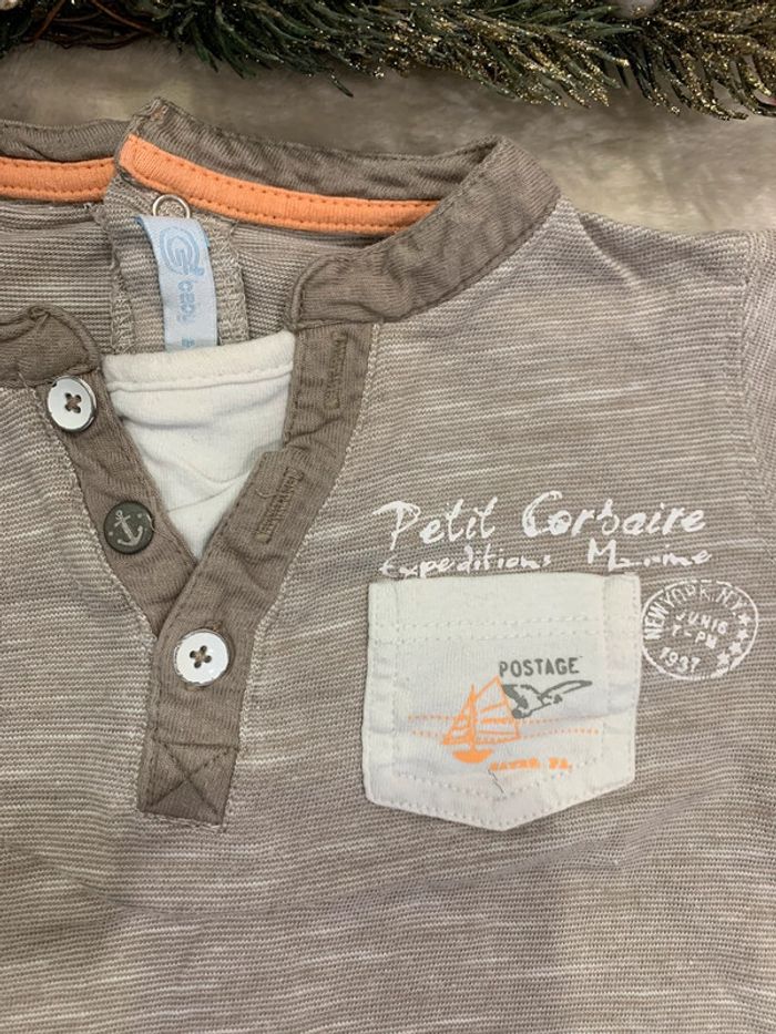 Tee-Shirt Manches Longues Gémo Taupe et Blanc 6M - photo numéro 3