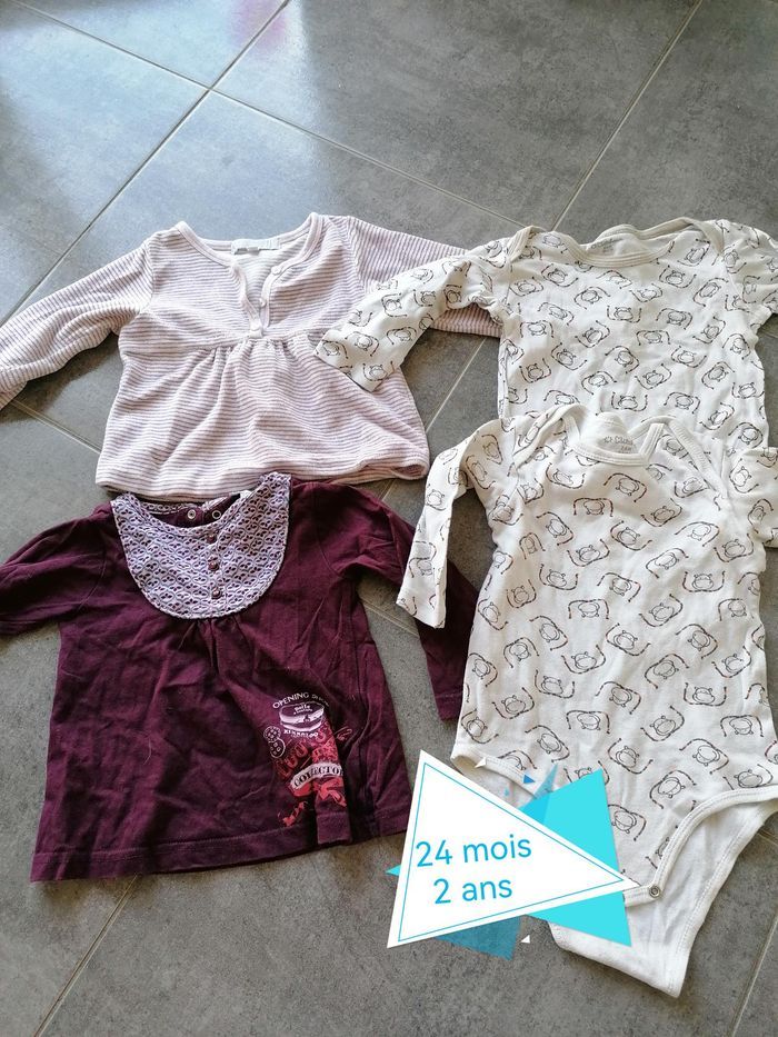 Lot 23-24 mois 2 ans : 2 body manches longues kitchoun + 1 pull lisa rose + 1 tee shirt manches long