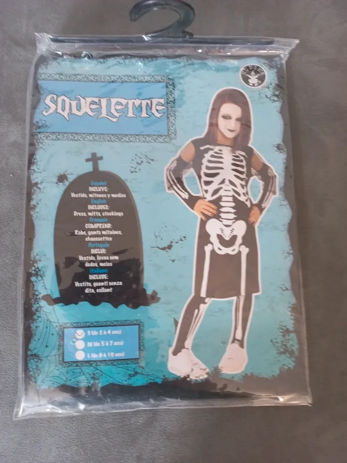Deguisement squelette fille halloween 3/4 ans rubies robe gants chaussettes