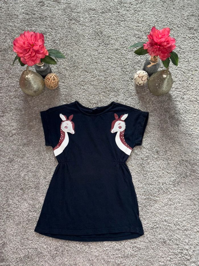 🌺Robe manche courte bleu marine avec flocage biche Taille 3ans/90-97cm🌺