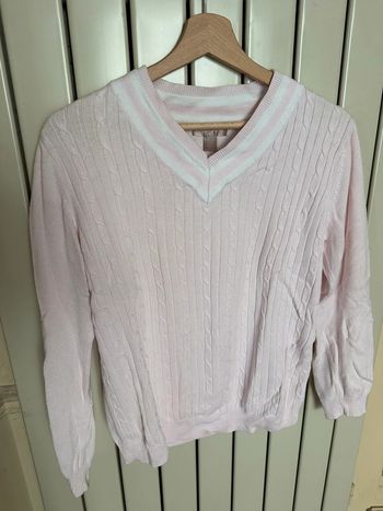 Pull col V rose et blanc vintage M