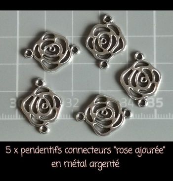 🔗 5 x pendentifs connecteurs "rose ajourée" en métal argenté