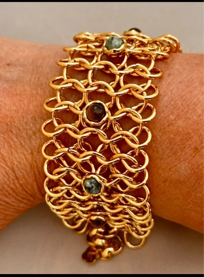 Bracelet manchette large  mailles larges pierres véritables amazonite œil de tigre habaha Paris - photo numéro 4