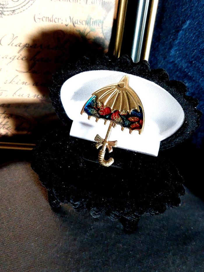 Broche parapluie vintage métal doré et émail - photo numéro 8