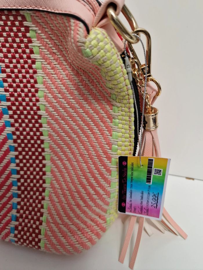 Sac Bandoulière Tressé Multicolore Pompons Franges Roses - photo numéro 9