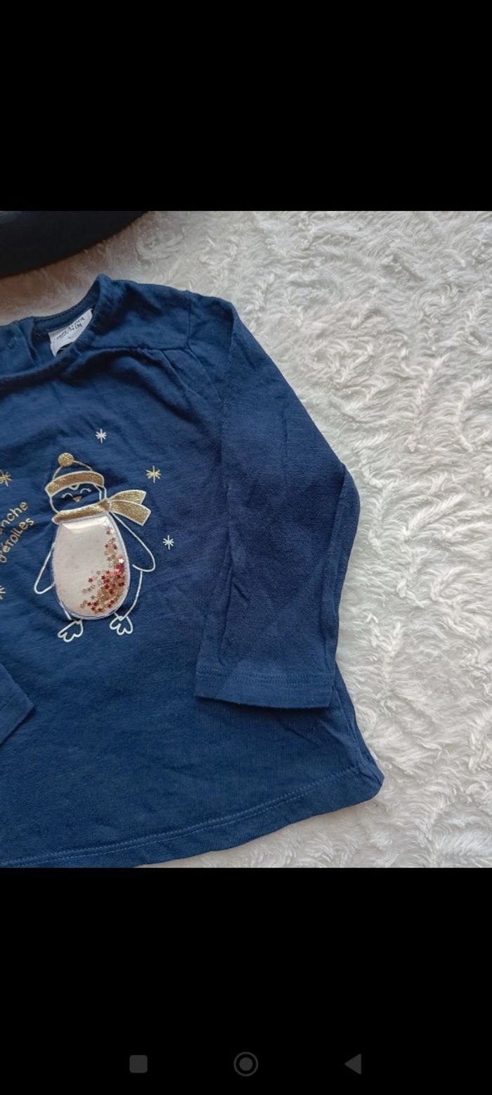 Tee shirt chemise manches longues Fille 12 mois pingouin Noël avalanche d'étoiles Tao 100% coton - photo numéro 5