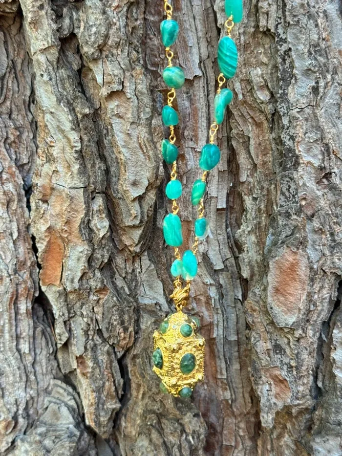 Collier sautoir  pierres amazonites grigri malachite acier - photo numéro 3