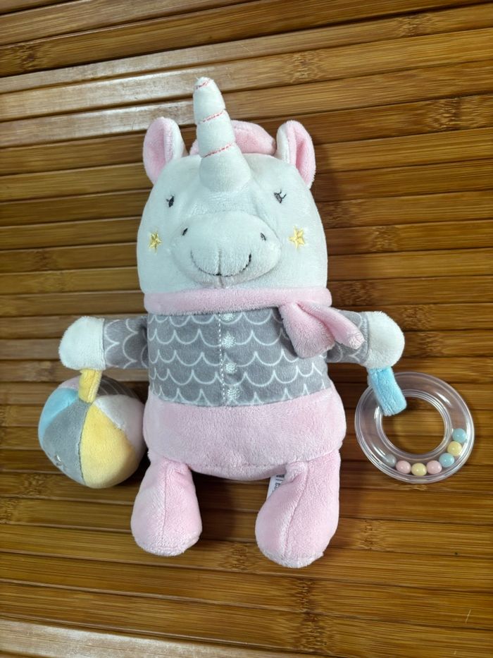 Doudou éveil licorne rose blanc anneau balle mots d enfants - photo numéro 2