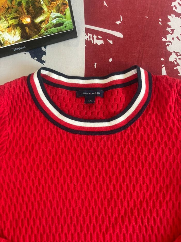 Sweat manche 3/4 Tommy Hilfiger brodé rouge col bleu blanc rouge - photo numéro 3