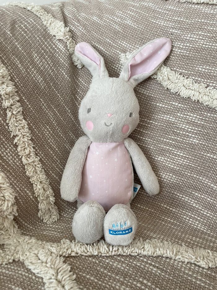 Peluche doudou 28cm klorane lapin gris et rose à pois blanc très bon état