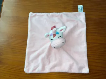 Doudou plat licorne rose blanc peluche