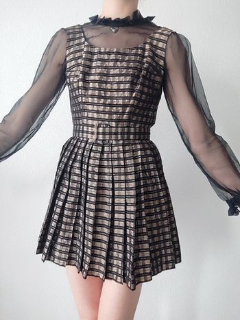 Robe patineuse rayé cuivre noir manche transparente soie 1970 🇫🇷  34/XS