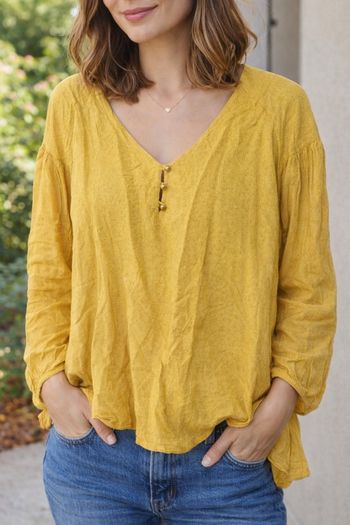 🌼 Haut jaune texturé – style bohème chic 🌼