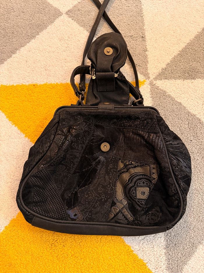 Sac à bandoulière en cuir et tissus noir vintage - photo numéro 4