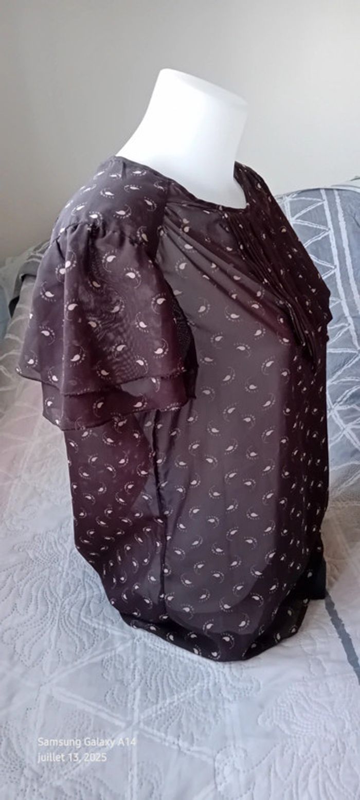 Blouse en voile manches volantées col cravate motif plumes marron femme L - photo numéro 4