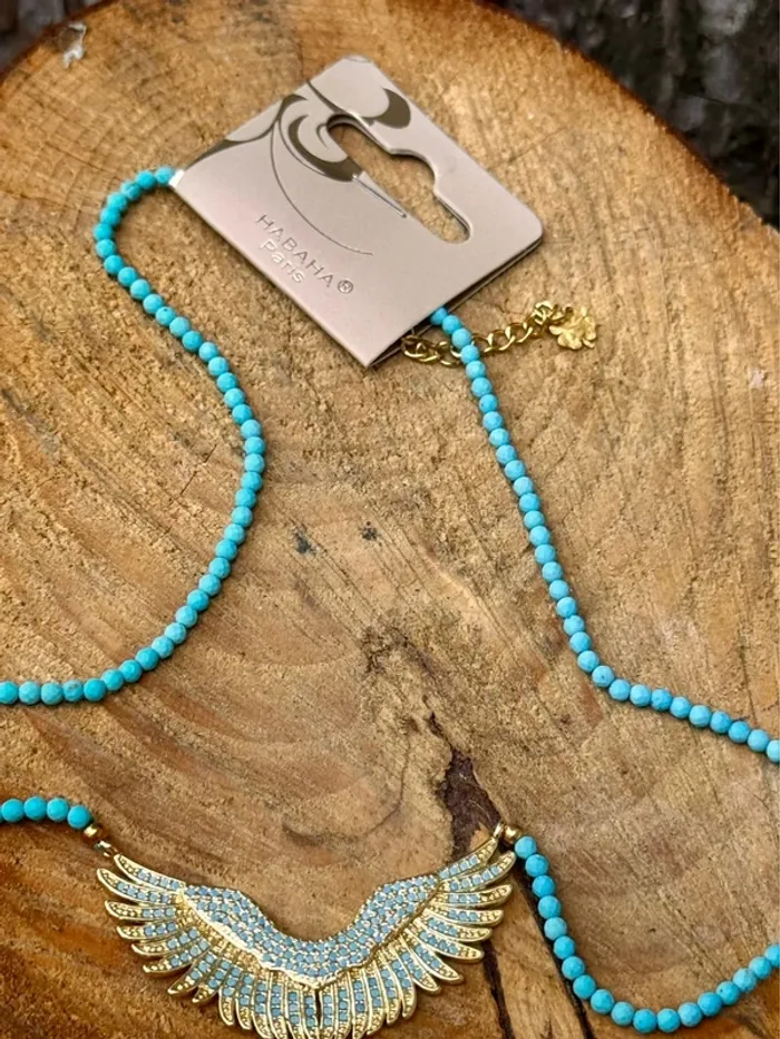 Collier chaîne réglable perles boules turquoises ainés cristaux mâts turquoises habaha Paris - photo numéro 8