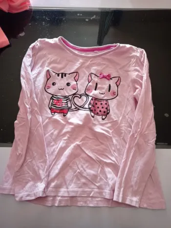 T-shirt manche longue rose motif chat