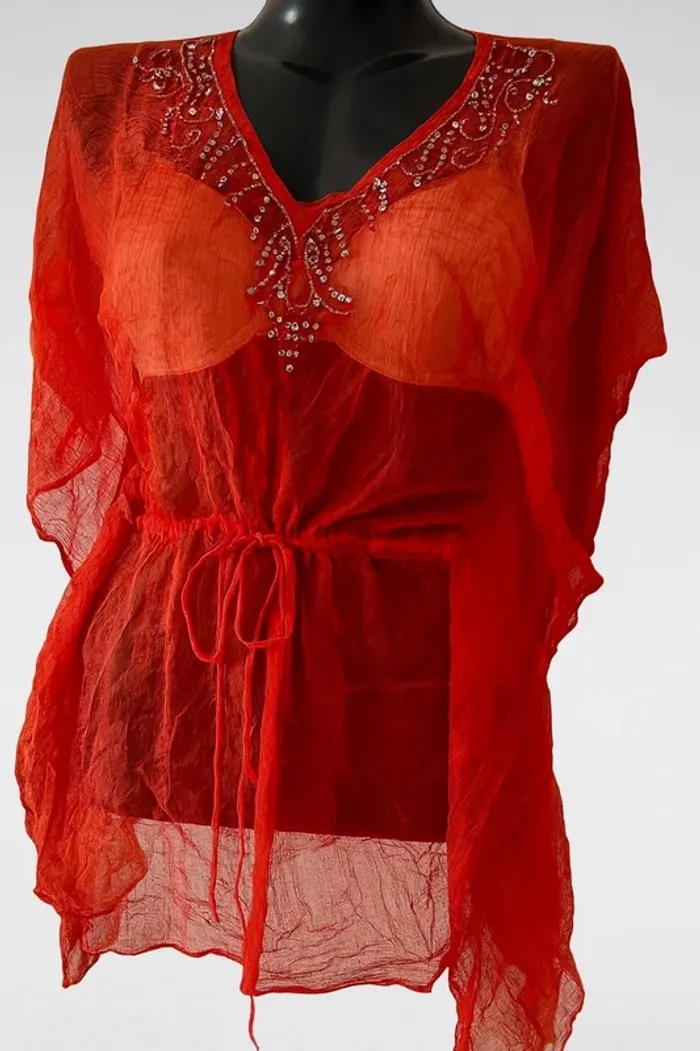 Tunique de plage transparente orange à strass – par-dessus de maillot”