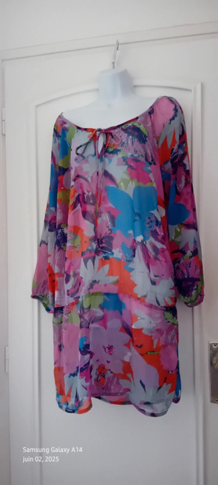 Robe tunique longue en voile motif floral coloré femme 44/46 yessica