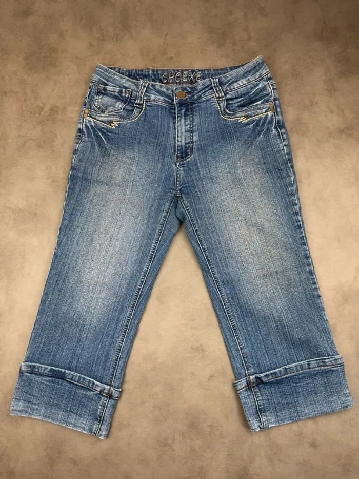 Pantacourt Denim en jeans Vintage à motifs brodé Y2k 00’s Taille 42 - photo numéro 5