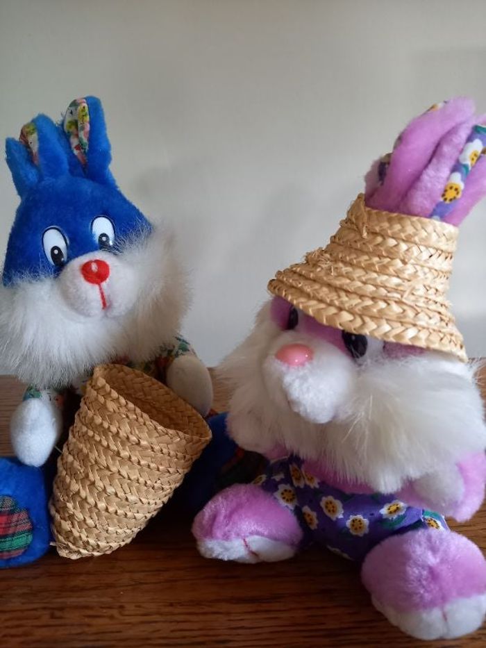 Couple lapin peluche jardiniers