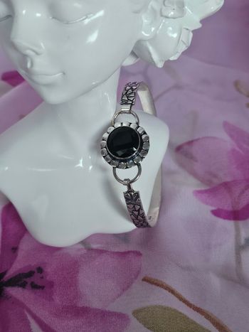 Bracelet texturé ajustable argent sterling 925 avec pierre onyx noir