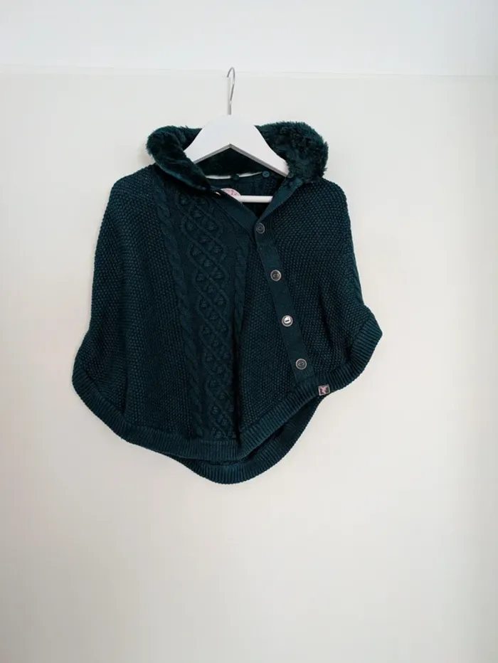 Poncho Cape Tricot Vert Canard à Col Fourrure Sergent Major - Taille 4/5 Ans