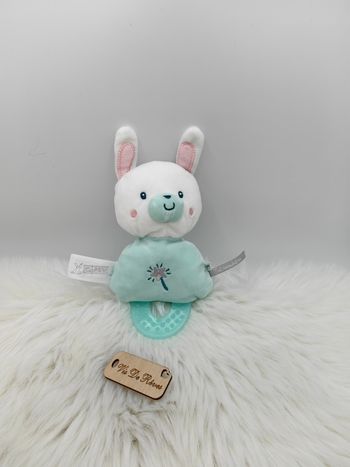 Doudou peluche Hochet lapin blanc et vert d’eau Gipsy