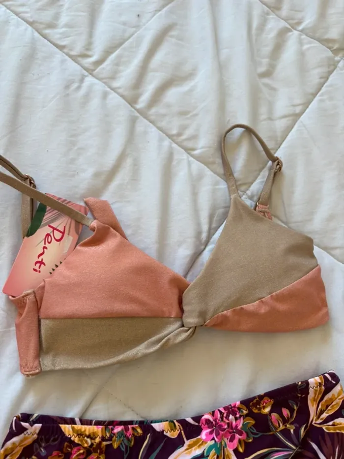 Lot 2 ensembles maillot de bain bikini rose beige pailleté violet motifs Penti taille XS/34 - photo numéro 3