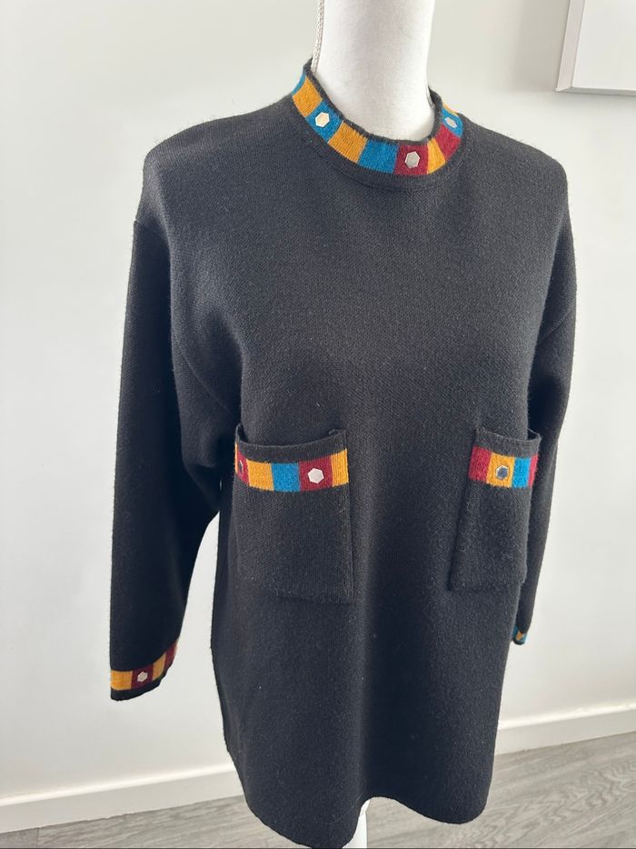 Pull long en laine noir et multicolore Vintage T40 L - photo numéro 2