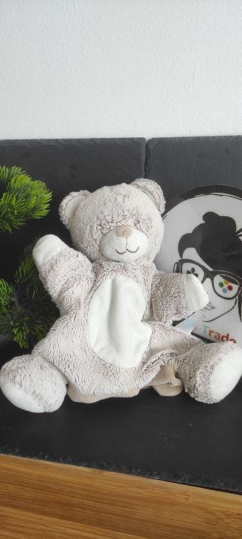 Doudou ours tex baby marionnette beige marron Chiné rond blanc gris nicotoy carrefour