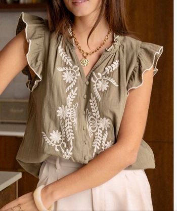 Blouse brodée kaki