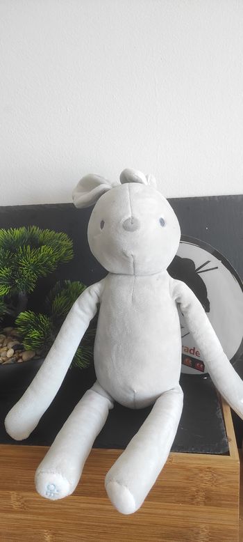 Doudou lapin gris blanc peluche obaïbi Okaïdi  pantin Scratch Bras Jambe Longue