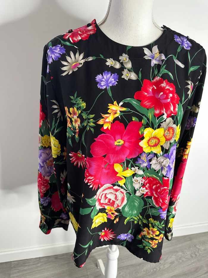 Blouse à fleurs noire et multicolore Gérard Pasquier Vintage T40 L - photo numéro 2