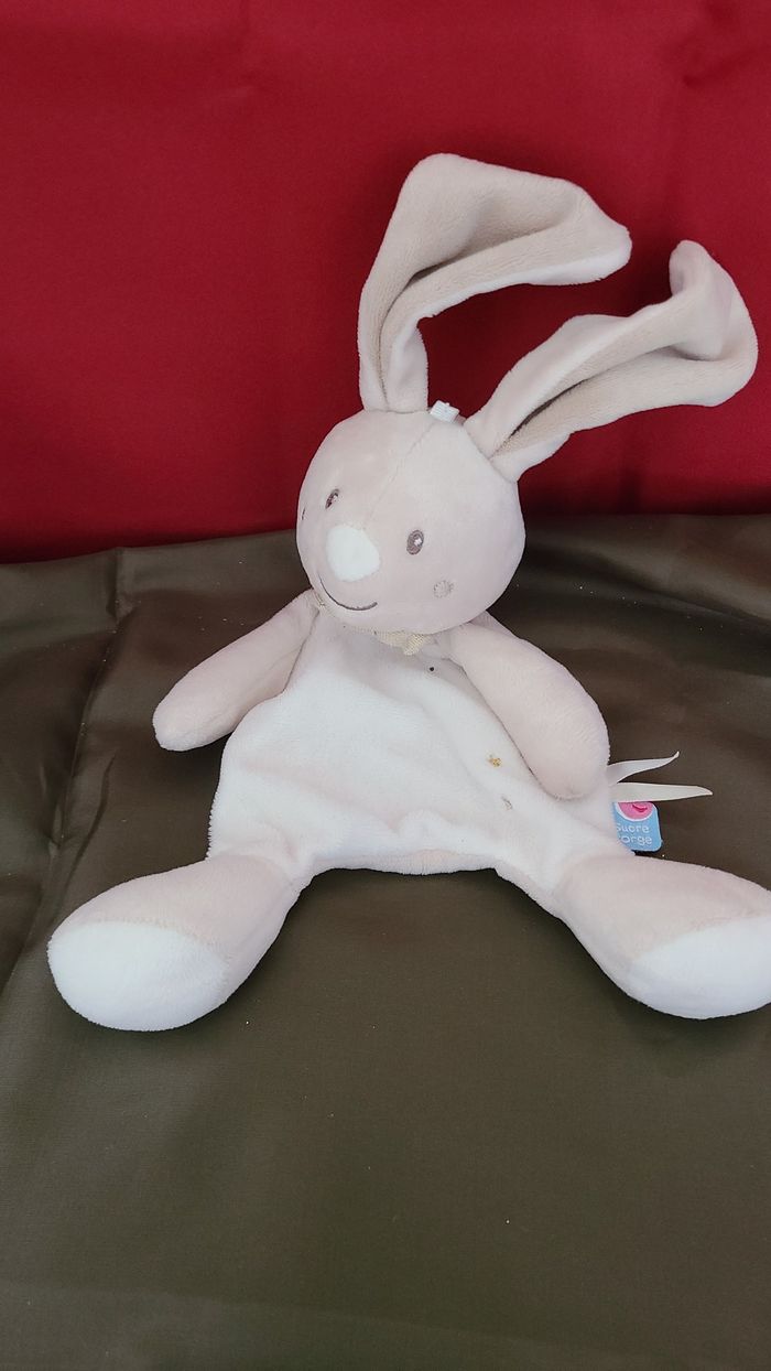 DOUDOU SUCRE D'ORGE LAPIN PLAT BLANC BEIGE NOEUD PAPILLON ETOILE OR
