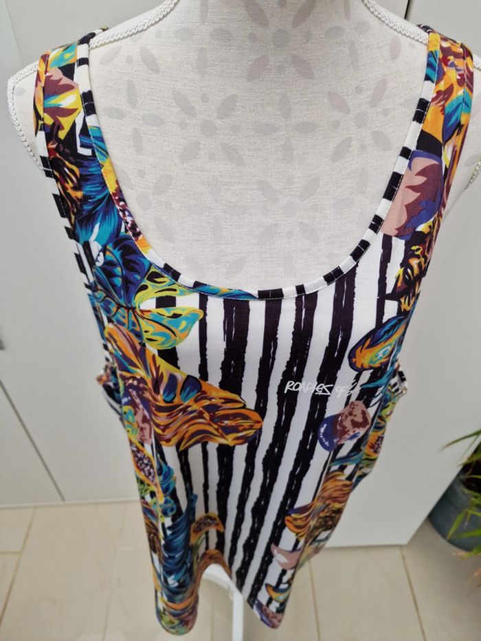 Debardeur Oversize Rayures Blanches Noires Imprimé Ananas Feuillages Papayes Multicolore - photo numéro 3
