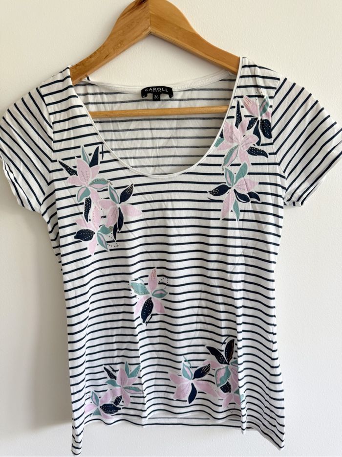 T-shirt manches courtes blanc bleu marine à motifs Caroll taille 36 S - photo numéro 2