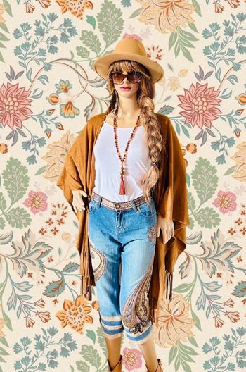 🤎🌿Jean court vintage folk hippie boho 70´s style floral paisley cropped jeans🌿🤎