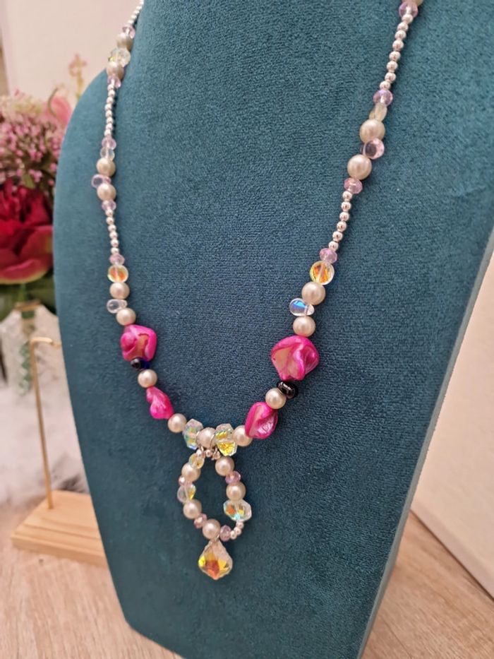 Collier Sautoir Perles Nacrées Perles Cristal Perles Coquillage Fushia