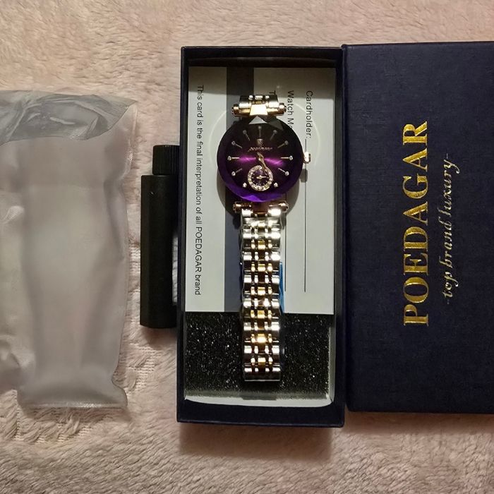 Montre quartz étanche – Argenté doré violet – Verre trempé, acier inoxydable – Femmes – Poedagar – Neuf, avec étiquette