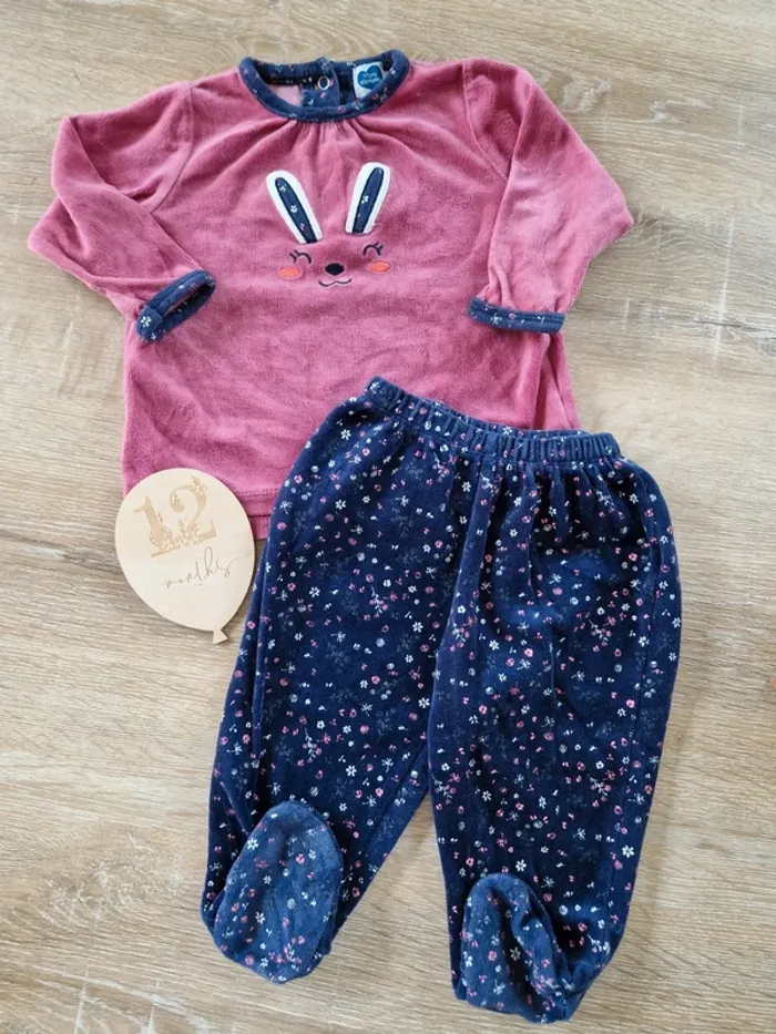 Pyjama deux pièces rose et bleu mots d'enfants bébé fille 12 mois