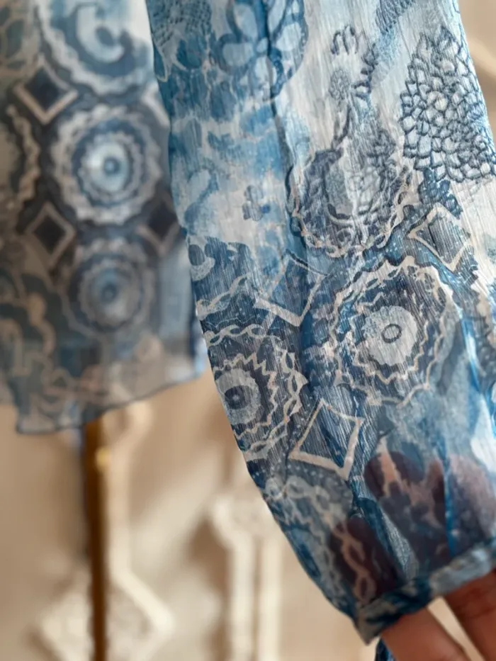 Blouse transparente bohème bleue à sequins dorés – earthygirl ethnique bohemian chic – taille unique - photo numéro 7