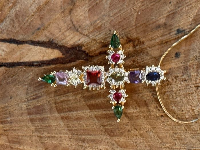 Collier sautoir habaha Paris longue chaîne épaisse acier inoxydable or croix cristaux - photo numéro 4