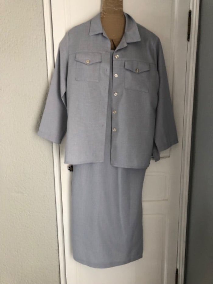 AN6- Ensemble/tailleur robe longue/veste- liquette gris perle T 44-46 peu porté