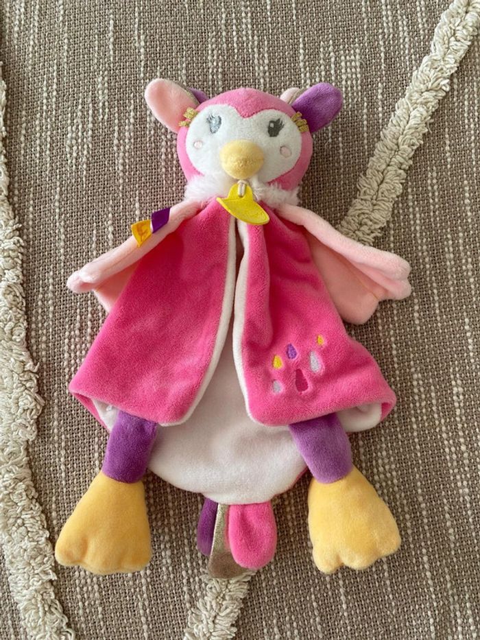 Peluche doudou plat 30cm Babynat chouette hiboux rose jaune violet et blanc parfait état